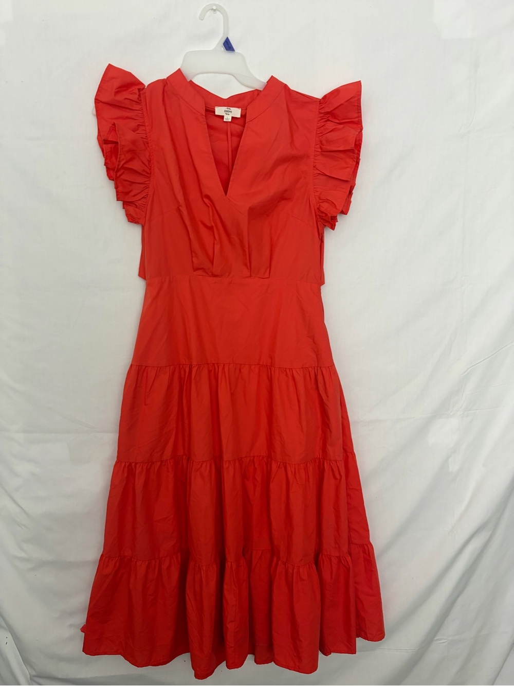 Entro Tiered Midi Dress Large Red Orange Ruffle Sleeve Back Cutout NWOT(A906)